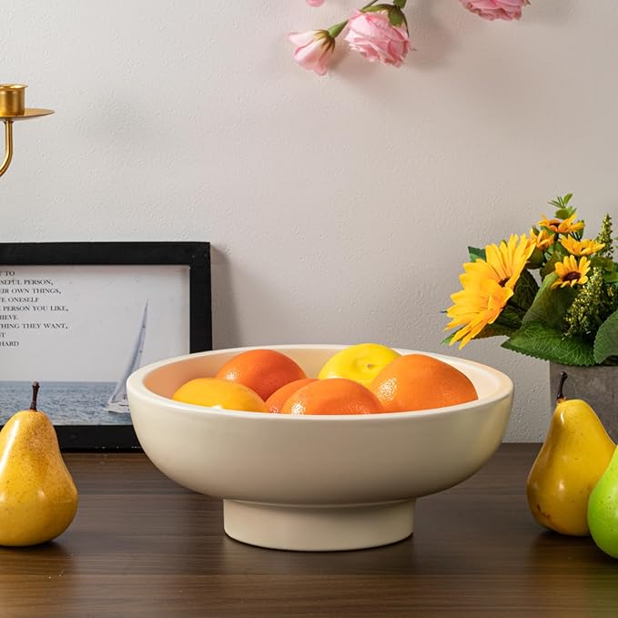 Luxurious Large Ceramic Fruit Bowl - Decorative & Functional - Key Bowl for Entry Table - Footed Bowl - Modern Crme 10.4 Inch