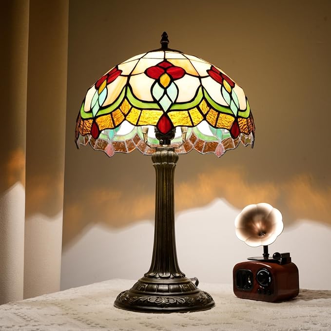 Red Tuilp Tiffany Lamp Stained Glass Table Lamps Antique Vintage Style Bedside Nightstand Nightstand Decor Living Room Bedroom Office Home Retro Bar Hotel 12 Inch Unique Flower Reading Desk Lamps