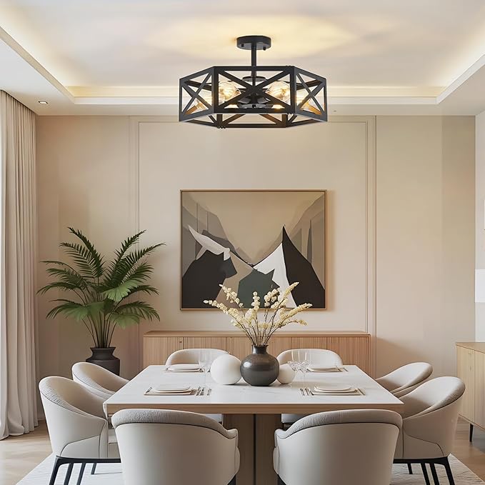 Modern Semi Flush Mount Ceiling Light,19.7" 6-Light Hexagon Flush Mount Ceiling Lights for Dining Room Light Fixture,Farmhouse Black Metal Kitchen Island Lighting Fixtures for Hallway,Bathroom