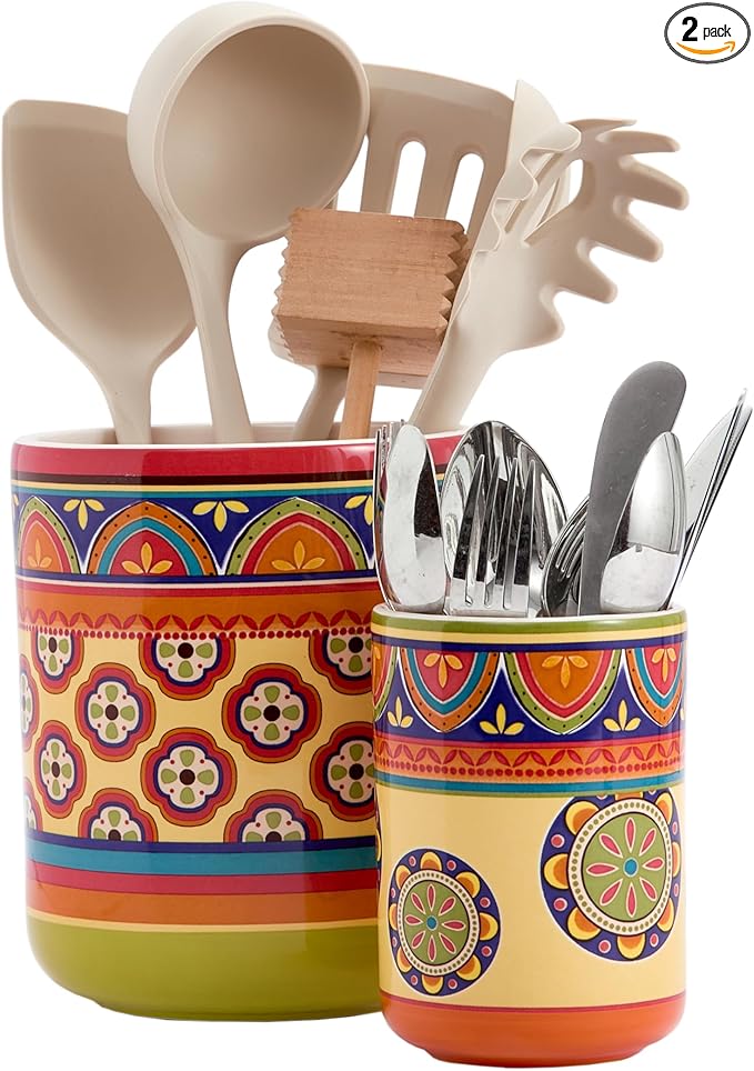 Bico Tunisian Ceramic Utensil Holder Set of 2, Ceramic Kitchen Utensil Crocks for Countertop, Large Cooking Tool Holder Counter Decor, Spatula Organizer