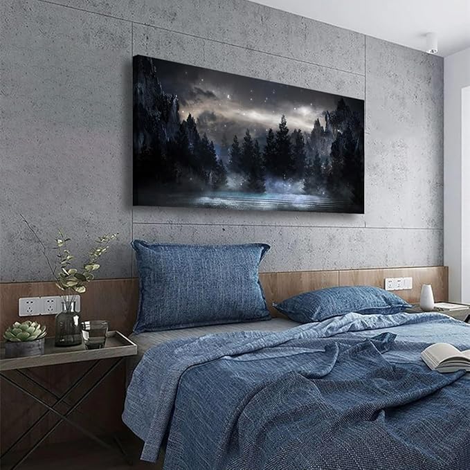 Mountain Canvas Wall Art for Living room Office Bedroom Forest Wall Art Print Oil Paintings Modern Lake Starry Sky Landscape Pictures Wall Decor Dream Artwork Waterproof Ready to Hang - 20in * 40inch