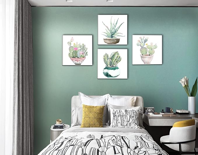 Succulent Plants Bathroom Decor Wall Art, Green Cactus Pictures Canvas Print, Botanical Paintings for Bedroom Living room Office Decoration - 20" X 20"