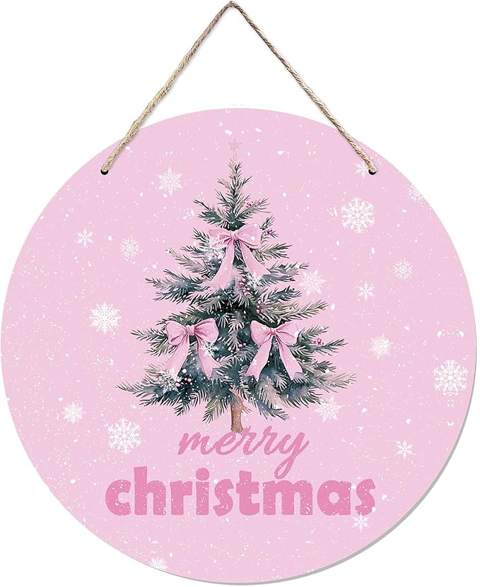 CGBHW Pink Christmas Wooden Sign, Coquette Aesthetic Christmas Tree Xmas Bows Hanging Sign Wall Decor for Girls Room Home, Winter Holiday Snowflake Door Decor 12 x 6 Inch