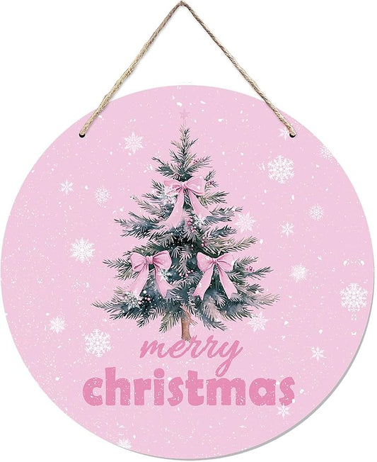 CGBHW Pink Christmas Wooden Sign, Coquette Aesthetic Christmas Tree Xmas Bows Hanging Sign Wall Decor for Girls Room Home, Winter Holiday Snowflake Door Decor 12 x 6 Inch