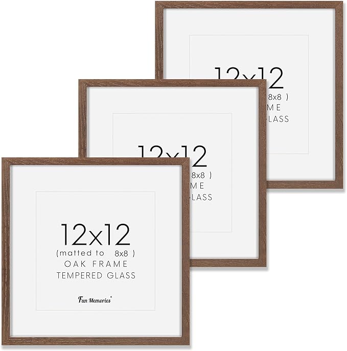 Fun Memories 12x12 Picture Frame in Walnut, 12 x 12 Frame Set of 3, Rustic Oak Wood Frame 12 x 12 for Wall, 12x12 Frame display 8x8 Picture with Mat, Tempered Glass, Wall Collage Frame 12 by 12
