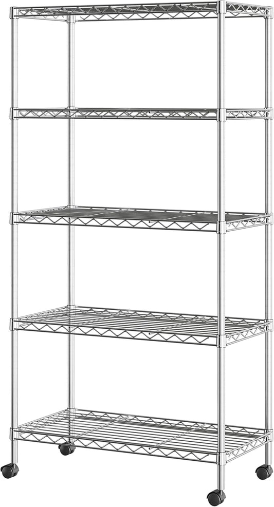 Seville Classics 5-Tier Wire Shelving with Wheels, 5-Tier, 30"" W x 14"" D (NEW MODEL), Chrome Plating, Plated Steel