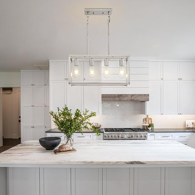 4-Light Dining Room Light Fixture Farmhouse Chandelier Brushed Nickel Modern Kitchen Island Pendant Lights Rectangular Hanging Lights Adjustable Height Metal E26 Base