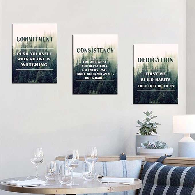 Inspirational Canvas Wall Art Dedication Consistency Commitment Motivational Entrepreneur Quotes Painting Poster Wall Decor Artwork for Home Bathroom Picture Stretched and Framed [36''W x 16''H]