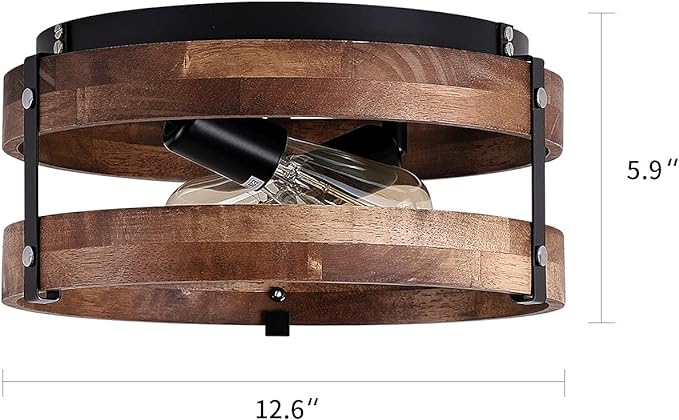 2-Light Rustic Flush Mount Light Fixture Oak Wood Round Drum Semi Flush Mount Ceiling Light for Hallway Bedroom Kitchen Entryway Farmhouse, Black