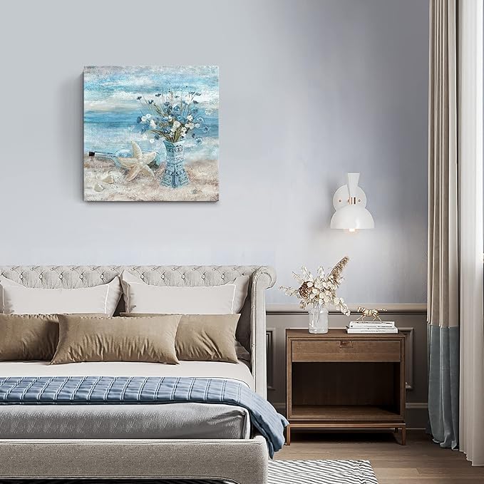 Large Canvas Wall Art for Living Room Blue Beach Wall Decor Ocean Theme Print Seaside Framed Artwork for Bedroom Bathroom Abstract Seascape Painting Coastal Flower Picture Home Office Decor 30x30inch