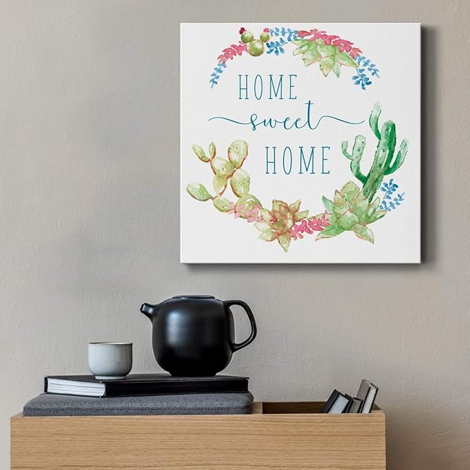 Wexford Home Square Premium Gallery Wrapped Canvas Flower Multicolor Wall Art Abstract Floral Romance Modern Pictures Print for Home Office, Ready to Hang, Cactus Vignette Wreath, 16x16