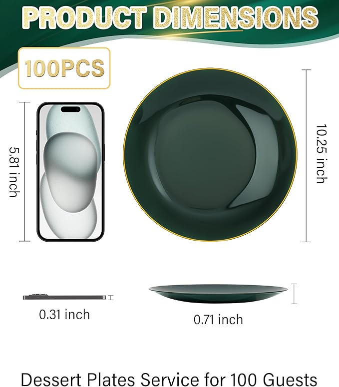 Nervure 100Pcs Green and Gold Plastic Plates - 7.5inch Disposable Green Dessert/Salad Plates - Heavy Duty Plastic Plate Ideal for Wedding & Party & Christmas