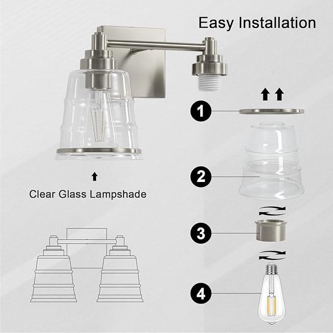 Brushed Nickel Bathroom Vanity Light Fixture, 2 Light Bathroom Light Fixtures Over Mirror with Clear lampshade and Metal Base Sconce,13.4 Inch Modern Vanity Light for Bathroom(Exclude E26 Bulb)