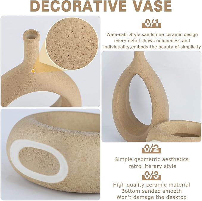 LCCCK Matte Beige Ceramic Vase, Tan Circle Vases with Hole, Neutral Rustic Centerpiece Table Decorations Flower Vase, Minimalist Vase Farmhouse Dinner Decor