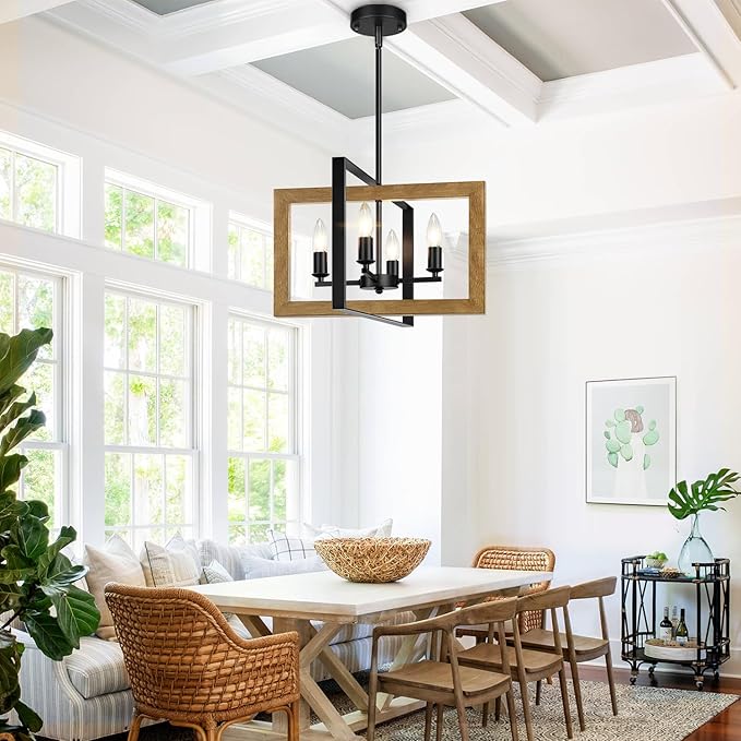 17" Farmhouse Wood Chandelier, (4-Light, 17-Inch), Rustic Dining Room Light Fixtures Over Table, Adjustable Hanging Light Fixture for Kitchen, Living Room, Foyer, Entryway