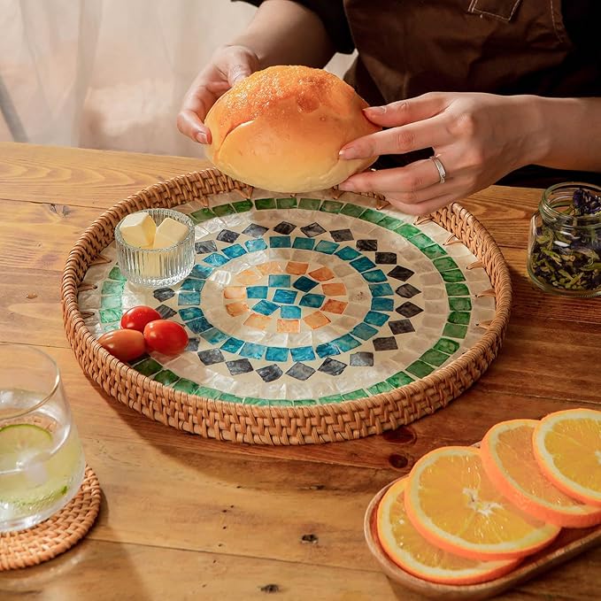 11.81" Decorative Round Mother Pearl Inlay Tray Rattan Wooden Base for Fruit Serving, Coffee Table Tray, Storage and Display Organizer (Colorful Square13.8)