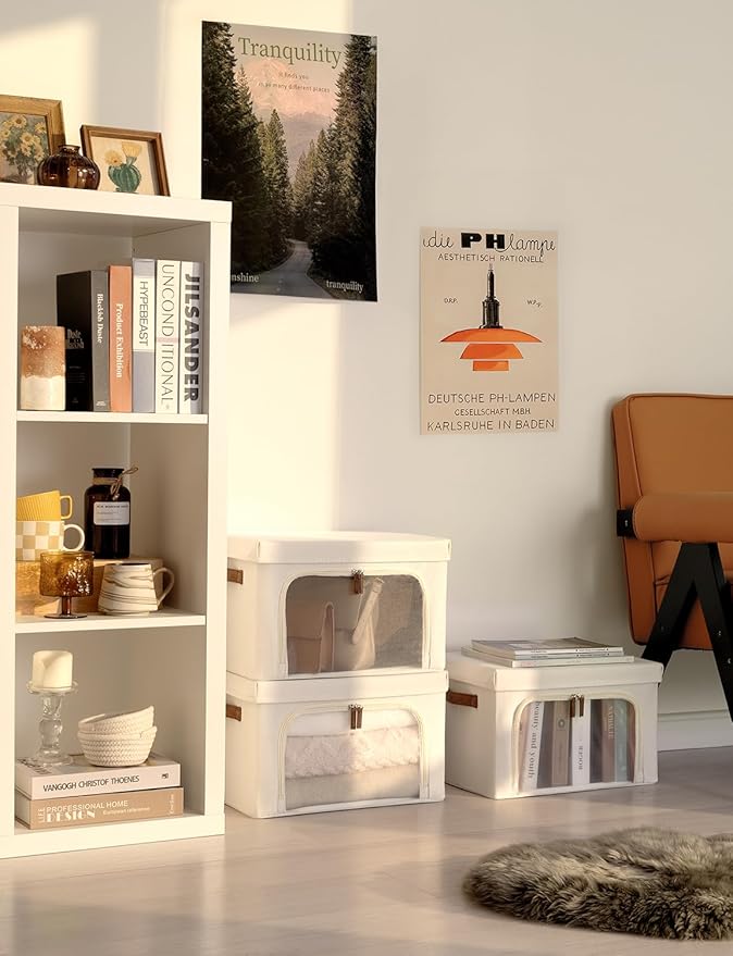 StorageWorks Storage Bins with Lids, Decorative Boxes with Clear Window for Clothes, Fabric Collapsible Baskets for Closet Organization, Medium, Beige, 3 Packs