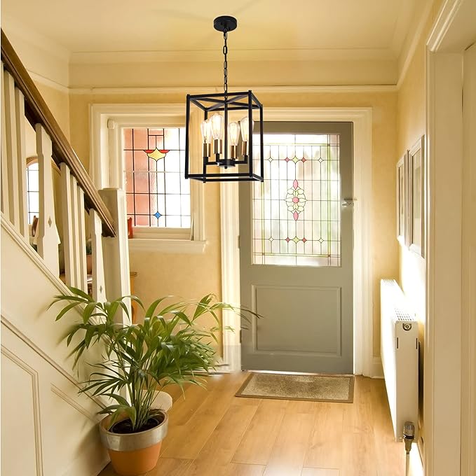 Lantern Pendant Light, 4-Light Gold Chandelier,Modernized Ceiling Hanging Light Fixture for Bedroom Kitchen Island Foyer Living Room Dining Room Hallway