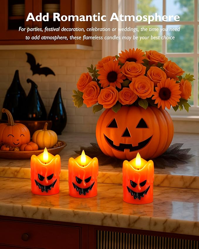 Homemory Orange Remote Control Flameless Candles, 400+Hour Real Wax Battery Operated LED Votive Candles, for Halloween Decorations, Theme Party, Wedding Table Decor, Thanksgiving Day Decor