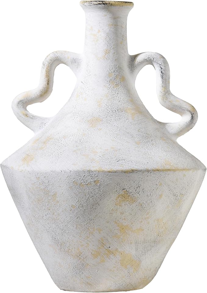 8.6 in Rustic Ceramic Farmhouse Vase with 2 Handles,Glazed Beige and Yellow Vintage Pottery Jar with Black Distressed Eroded Texture Finish,Boho for Home Decor,Tabletop,Mantel,or Living Room