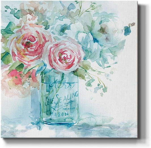 Wexford Home Square Premium Gallery Wrapped Canvas Flower Multicolor Wall Art Abstract Floral Romance Modern Pictures Print for Home Office, Ready to Hang, sea & glass I, 24x24