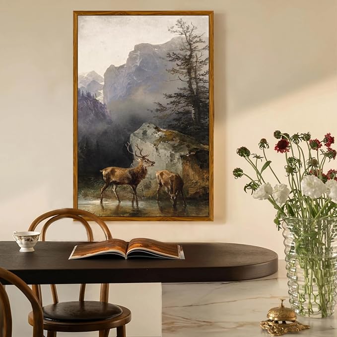 crmotu Vintage Framed Wall Art, Animal Deers Painting Canvas Prints, Mountain Mist Landscape Rustic Home Decorations, Nature Aesthetic Pictures Wall Decor Living Room Bedroom Bathroom Kitchen 20x30in