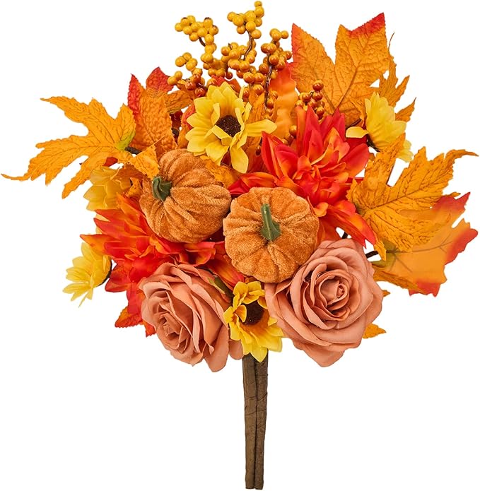 GENMOUS Fall Decor - 2 Pcs Artificial Fall Flowers, Fake Flowers for Autumn, Faux Fall Floral Arrangements Stems Maple Leaf for Home Fall Wedding Bouquet Table Centerpieces Thanksgiving Decoration