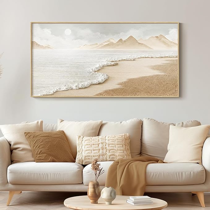 Framed Neutral Coastal Beach Wall Art for Living Room, Large Boho Ocean Canvas Artworks for Walls, Horizontal Abstract Minimalist Coastal Art Print for Bedroom Kitchen Office Wall Decor, 24x48 Inch