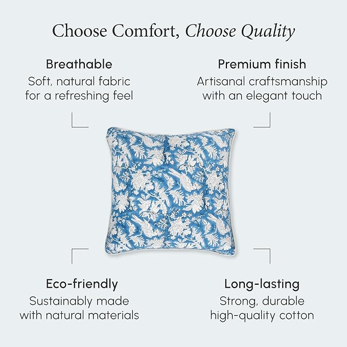 CPC 100% Cotton Throw Pillow Covers 18x18 Inch, Set of 2 Blue Block Print Pattern Couch Pillow, Cute Boho Decorative Pillows for Living Room, Bedroom with Hidden Zipper- Blue Sapphire