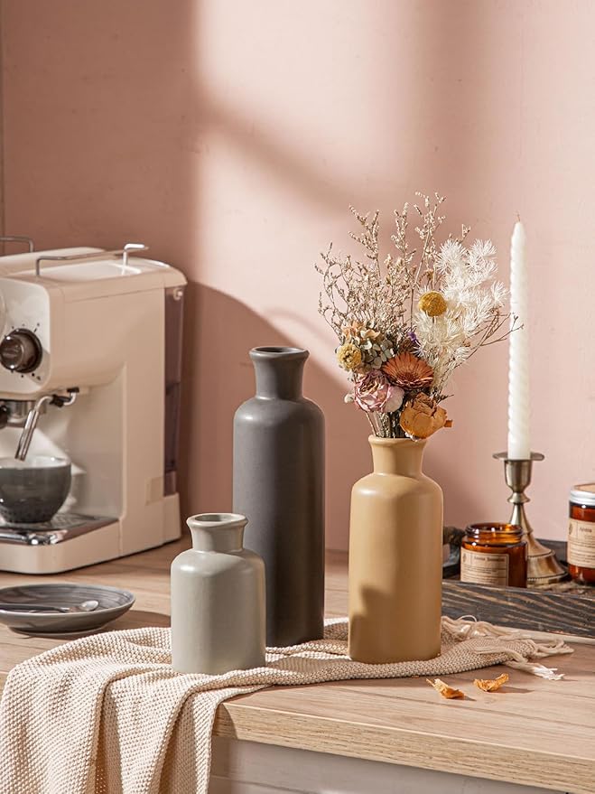 CWLWGO-Ceramic Vase Set of 3,Small Vases for Home Decor,Farmhouses Decorative vase,Suitable for Shelf Decor,Living Room Table Bookcase Fireplace Decorations.Multicolored.