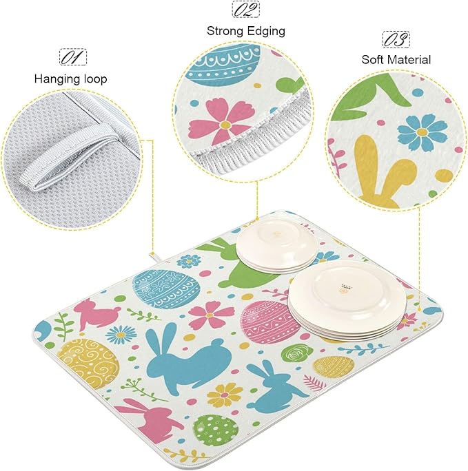 Flowers Eggs Bunny Easter Dish Drying Mat 16 X 18 Inches Spring Rose Leaves Peeps Rabbits Dry Dishes Pads Mats for Kitchen Tableware Protector Countertops Counter Home Decorations