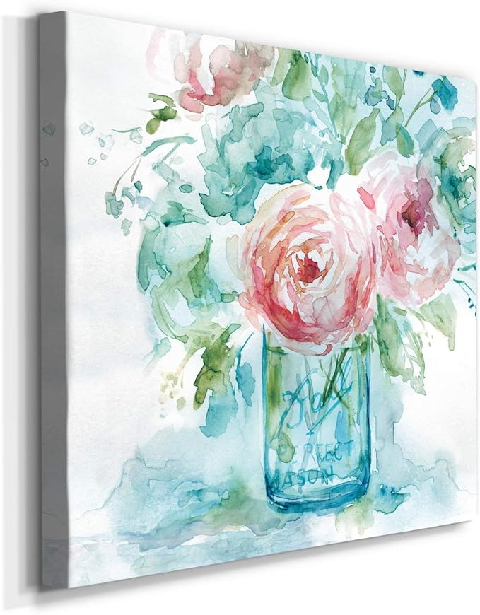 Square Premium Gallery Wrapped Canvas Flower Multicolor Wall Art Abstract Floral Romance Modern Pictures Print for Home Office, Ready to Hang