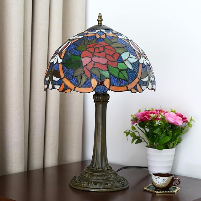 Tiffany Lamp 12 Inch Tiffany Style Red Rose Retro Bedside Lamp Stained Glass Table Lamp Suitable For Bedrooms Hotels Restaurants Dormitories Vintage Antiques Home Decoration Art And Craft Gifts