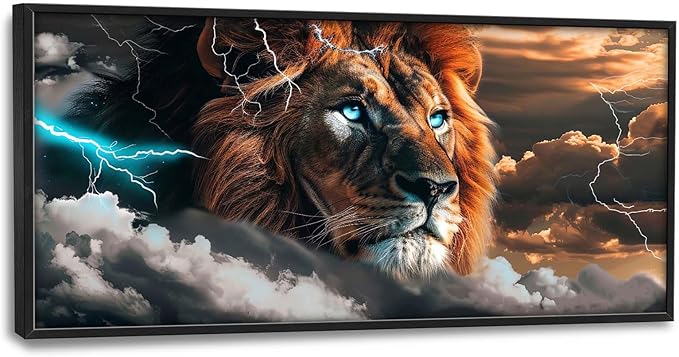 Abstract Lion Large Framed Wall Art Cool Lion Lightning Pictures Oversized Rustic Wild Animal Wall Decor Canvas Print Painting Aesthetic Modern Artwork for Living Room Bedroom Office Bathroom Home Decor 60L"x30W"