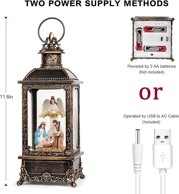 Christmas Snow Globe Swirling Glittering Angel & Nativity Scene with Music, USB Lined/Battery Operated Lighted Water Lantern for Christmas Festival Decoration Gifts
