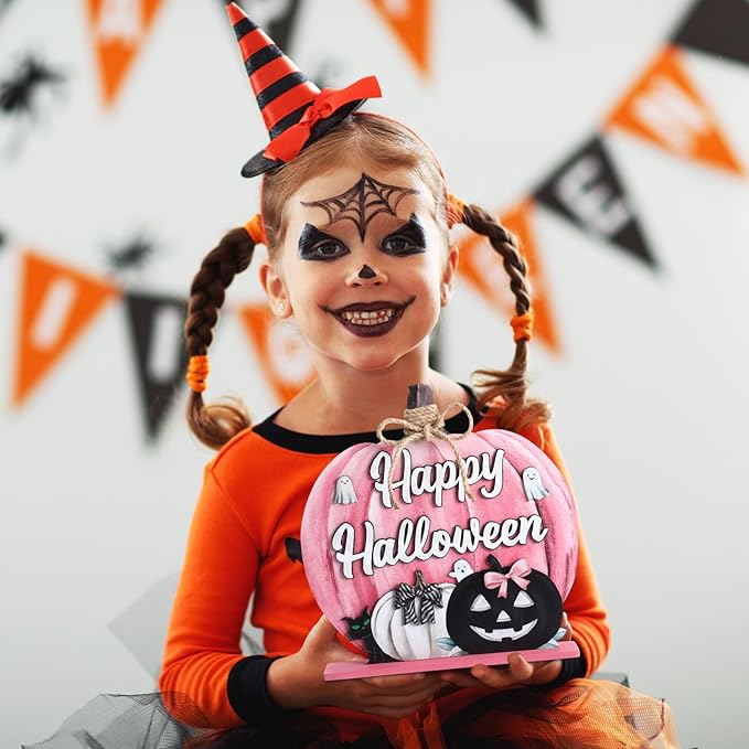 Soaoo Halloween Decoration Wooden Pink Pumpkin Sign Scary Pumpkin Table Decor 11 Inch Wooden Happy Halloween Desktop Ornament for Farmhouse Home Living Room Holiday Decor(Wash Pink, Scary)