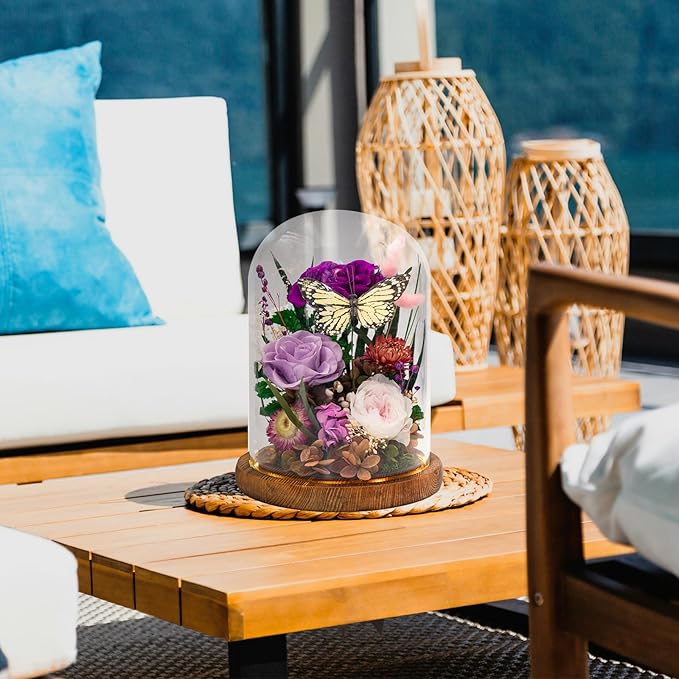 Eternal Flowers with Butterfly: Forever Flowers Gift for Her-Elegant Preserved Flowers in Glass Dome-Romantic Valentines, Anniversary, Mom Gifts for Her-Flowers for Delivery Prime (Purple)