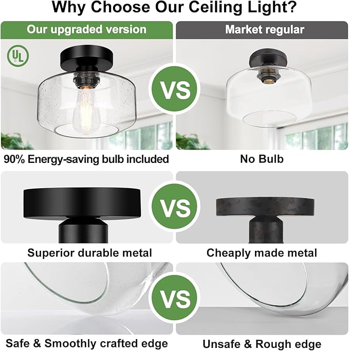 Industrial Semi Flush Mount Ceiling Light, 800 Lumen LED Bulb Included, Seeded Glass Shade Farmhouse Light Fixture for Hallway Corridor Kitchen Bathroom Bedroom Passway