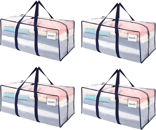 VENO 4 Pack Moving Bags Plastic Storage Totes Clothes Organization Large W Lid/Zipper. Packing Boxes/Bins Alternative. Space Saving Foldable College Supplies Essentials (Clear, 4 Pack)