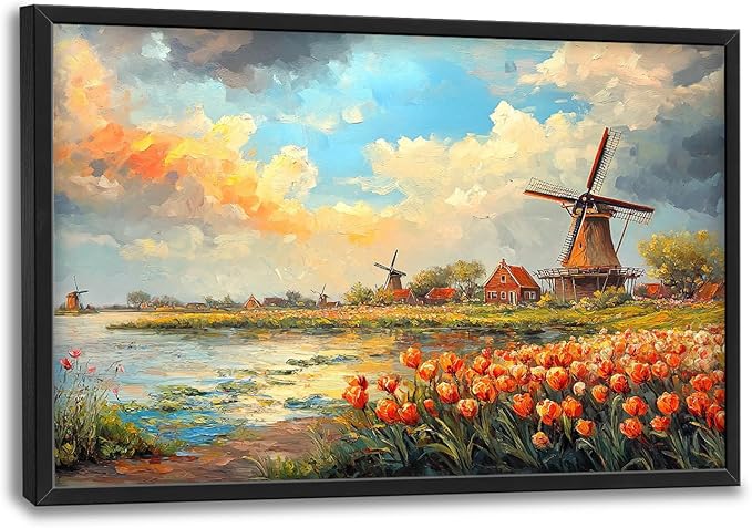 Landscape Framed Wall Art for Living Room, Large Tulips Canvas Wall Decor, Vintage Florals Pictures Painting, Farmhouse Artwork for Bathroom Bedroom 36L'' × 24W''