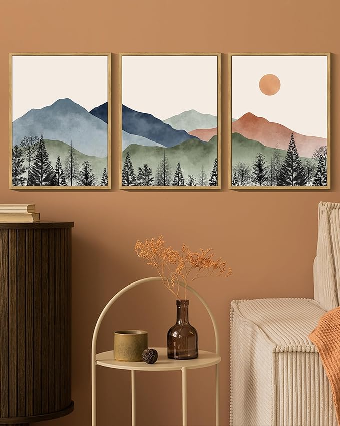 KUVIOKE Mountain Landscape Framed Wall Decor Boho Sun Rise Watercolor Nature Art Prints Farmhouse Rustic Bedroom Dining Living Room Decor 12x16in (Natural Framed)