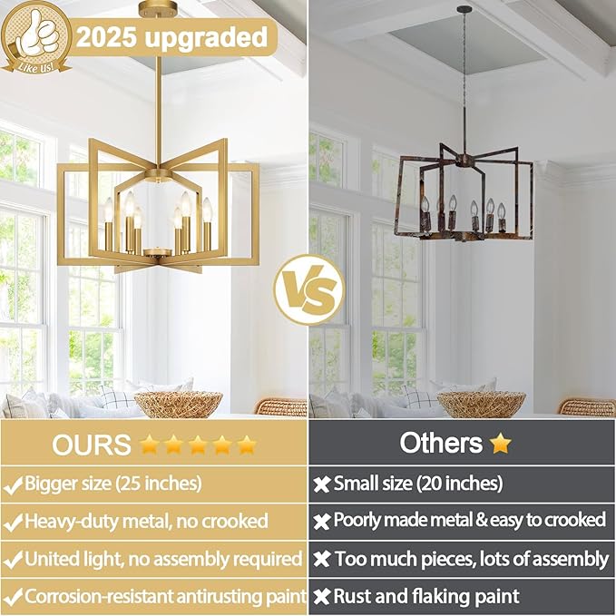 25" Modern Gold Chandelier for Dining Room (6-Light, 25-Inch), Geometric Gold Dining Room Light Fixture Over Table, Industrial Metal Hanging Pendant Lights for Kitchen Island, Entryway, Foyer