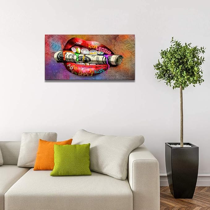 Sexy Red Lips and Dollar Colorful Graffiti Wall Art Office Home Artwork Wall Decor Inspirational Graffiti Street Wall Art Money Sexy Lips Art Print Wall Pictures Framed Ready to Hang-32 Wx16 H