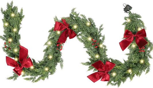 9ft Christmas Garland with Lights,Lighted Cedar Garland for Mantle,Prelit Real Touch Artificial Green Christmas Winter Garland with Large Burgundy Velvet Bow for Indoor Outdoor Decor