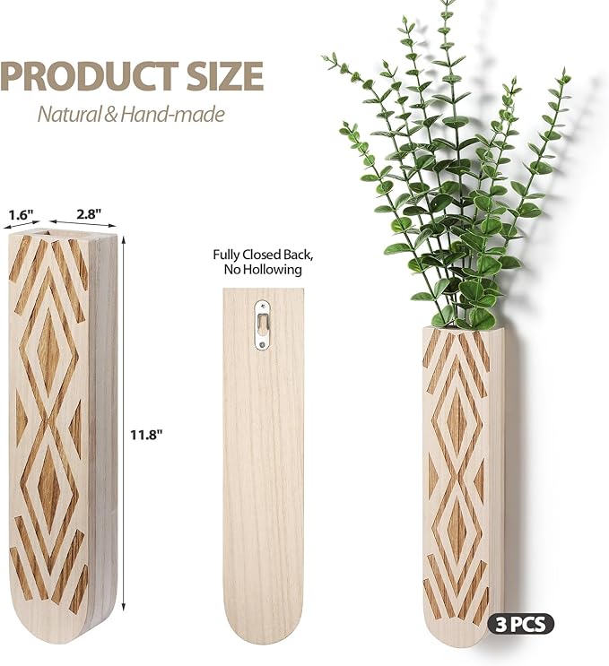 3 Pack Wood Wall Planter, Boho Wall Art for Entryway and Bathroom Decor, Modern Farmhouse Decor, Wall Decor Vase for Holding Fake Plants and Dried Flowers