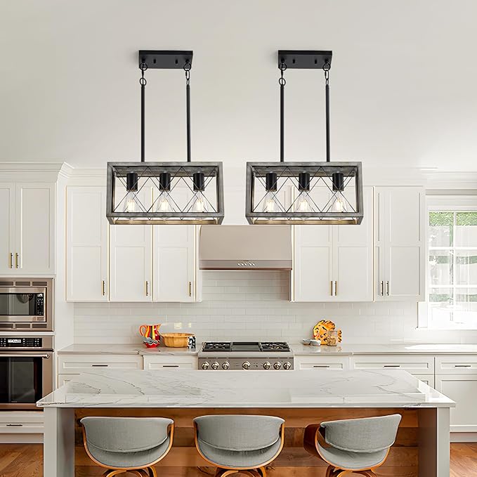 Farmhouse Light Fixtures,3-Light Dining Room Light Fixture,Industrial Metal Kitchen Ceiling Lighting Over Island, Chandelier for Dining Table Kitchen Sink,Oak Wood Finish