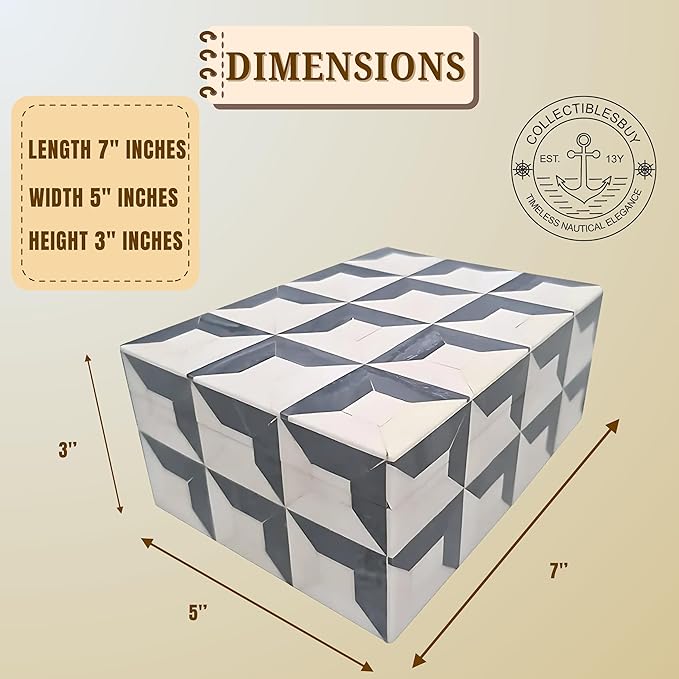 collectiblesBuy Handmade Bone Inlay Jewelry Storage Box – Rectangular Decorative Organizer with White Grey Yellow Design – Unique Keepsake Gift for Home Décor