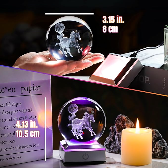 Ornalrist 3D Crystal Ball Engraved Mom and Baby Horse with Multicolor LED Light Base - Horse Lovers Gifts Home Decor