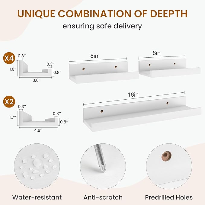 Axeman Picture Ledge Shelf, Floating Shelves for Wall Decor Storage Set of 6, 16 inch Floating Wall Mounted Shelves, Wall Shelves with Lip for Living Room, Bedroom, Nursery, Bathroom, Kitchen, White