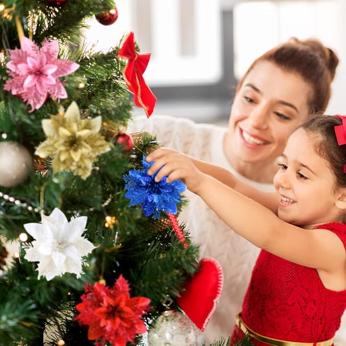 Christmas Poinsettia Artificial Flowers Decorations 5.5" Christmas Tree Wreaths Garland Decoration 12 Pcs Glitter Flowers Picks Decor for Xmas Wedding Party Ornaments (Rose Gold)